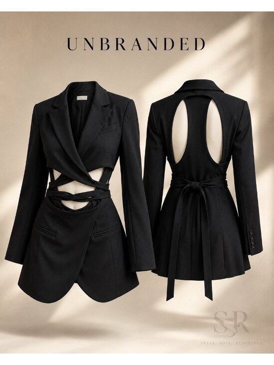 Dresses & Skirts - Black Cutout Blazer Dress Open Back Wrap Waist Long Sleeve Mini Dress Size S